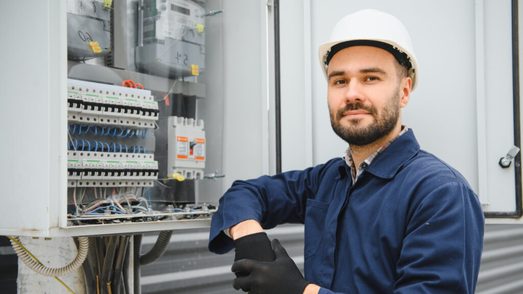 Man with a hard hat next to an electric panel